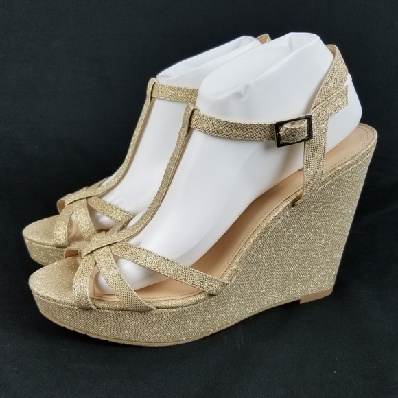 High Heel Wedge Strappy Gold Glitter 11 M EG38 - Picture 1 of 8